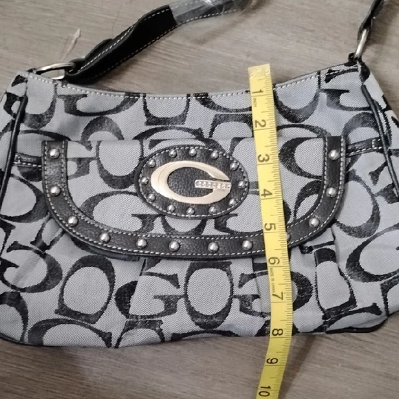 Guess Black and Gray Signature Canvas Shoulder Bag with Studded Flap - Picture 10 of 10